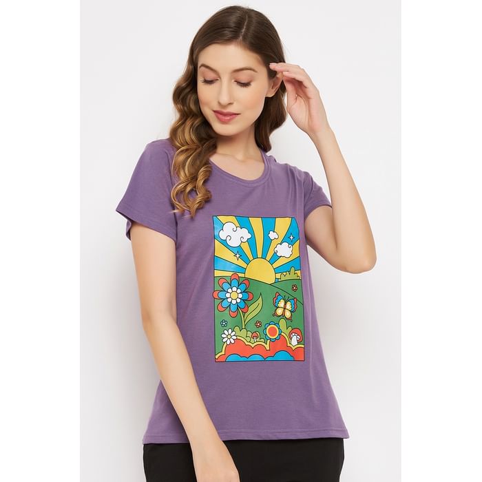 

Clovia Graphic Print Top in Purple - 100% Cotton - LT0124D12, Lavender