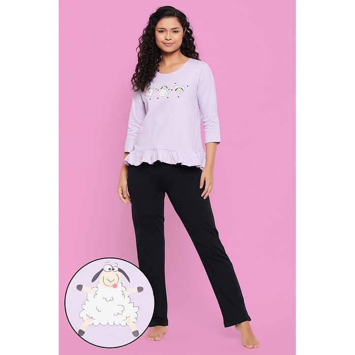 

Clovia Graphic Print Top in Lilac & Chic Basic Pyjama in Black - 100% Cotton - LS0548P12, Lavender