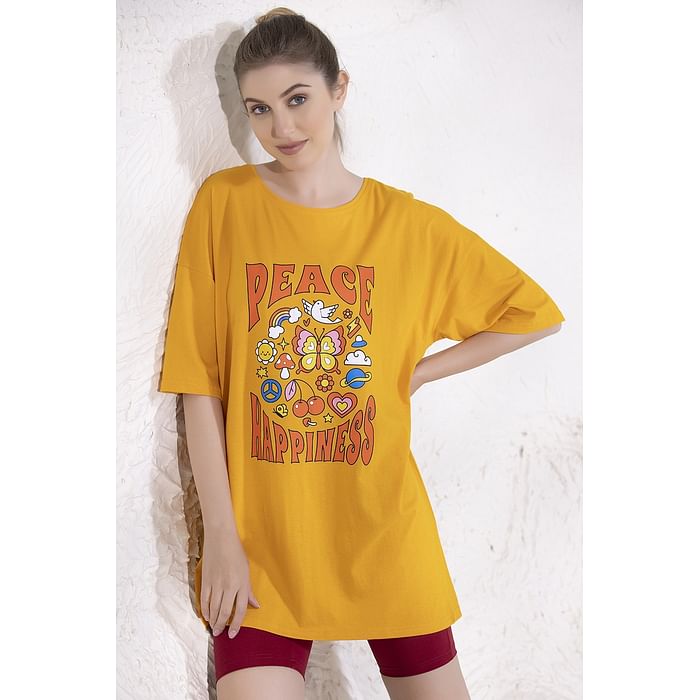 

Clovia Graphic & Text Print Oversized T-shirt in Mustard Yellow - 100% Cotton - LT0166A07