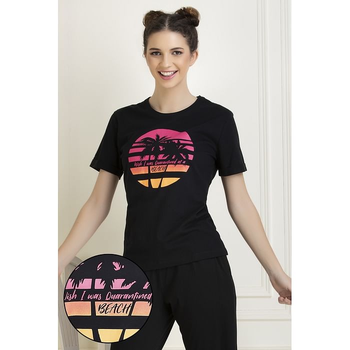 

Clovia Graphic & Text Print Sleep T-shirt in Black - 100% Cotton - LT0153P13