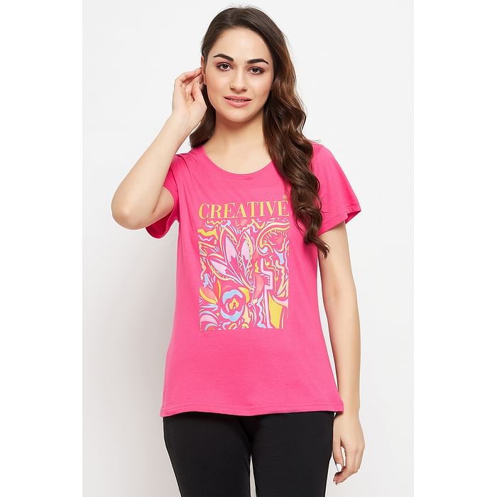 

Clovia Graphic & Text Print Top in Hot Pink - 100% cotton - LT0124H14