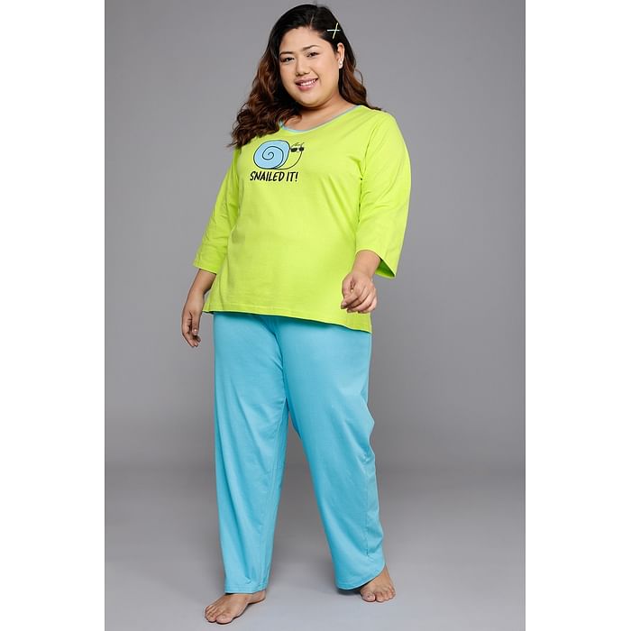 

Clovia Graphic & Text Print Top in Lime Green and Chic Basic Pyjama in Sky Blue - 100% Cotton - LS0664P11, Light green