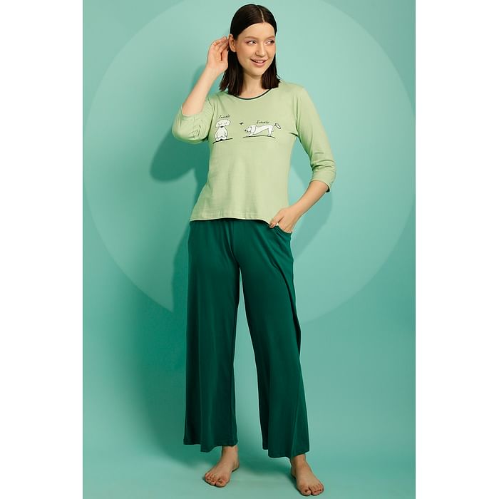 

Clovia Graphic & Text Print Top in Mint Green and Chic Basic Pyjama in Teal Green - 100% Cotton - LS0546P11, Light green