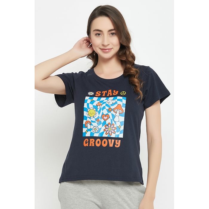 

Clovia Graphic & Text Print Top in Navy - 100% Cotton - LT0124M08