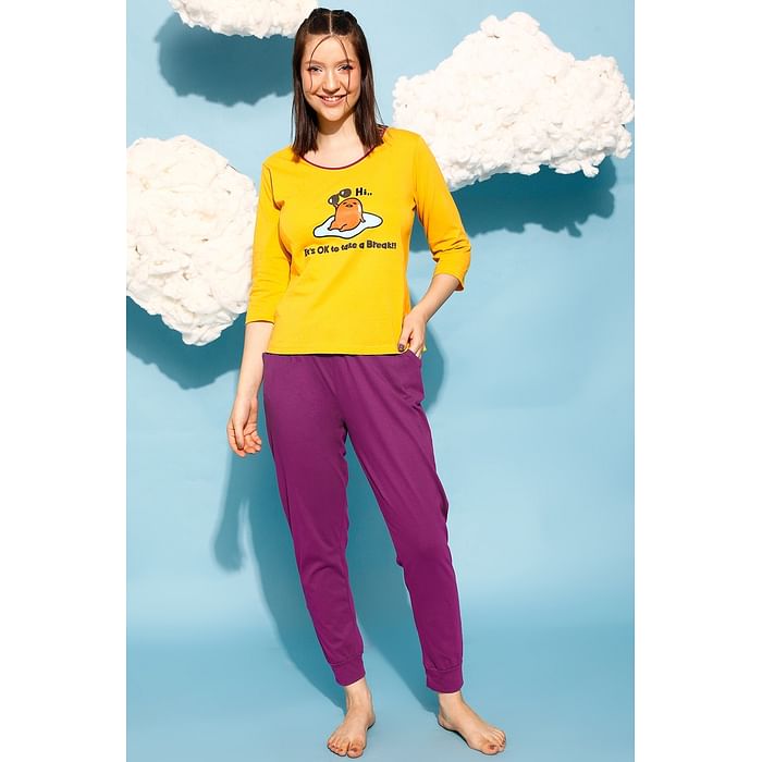 

Clovia Graphic & Text Print Top in Yellow & Chic Basic Joggers in Purple - 100% Cotton - LS0581P07, Mustard