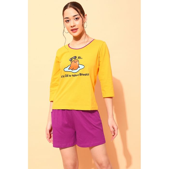 

Clovia Graphic & Text Print Top in Yellow & Chic Basic Shorts in Purple - 100% Cotton - LS0661P07, Mustard