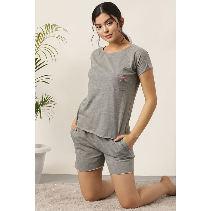 

Clovia Chic Basic Top & Shorts in Grey - 100% Cotton - LS0017P01, Light grey