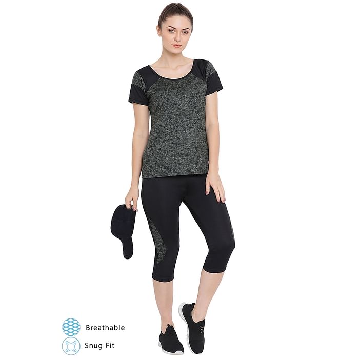 

Clovia Green Gym/Sports Activewear Top with Black Capri - AS0096P17, Dark green