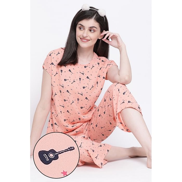 

Clovia Guitar Print Top & Pyjama Set in Neon Orange- Crepe - LS0537P16