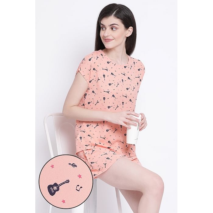

Clovia Guitar Print Top & Shorts Set in Neon Orange- Crepe - LS0533P16