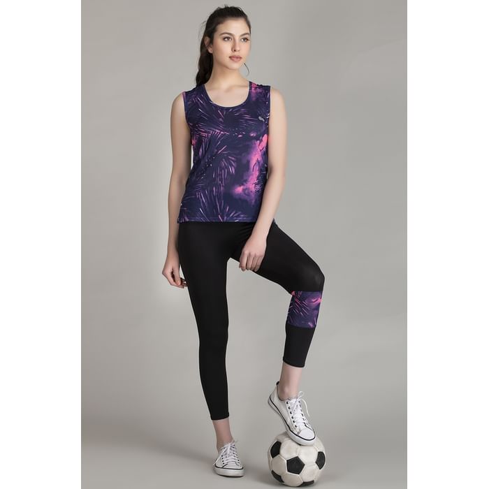 

Clovia Printed Active Top & Tights Set in Purple & Black - ASC116P15