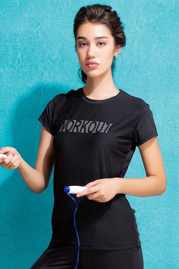 Buy Comfort Fit Active Text Print T-Shirt in Black Online India