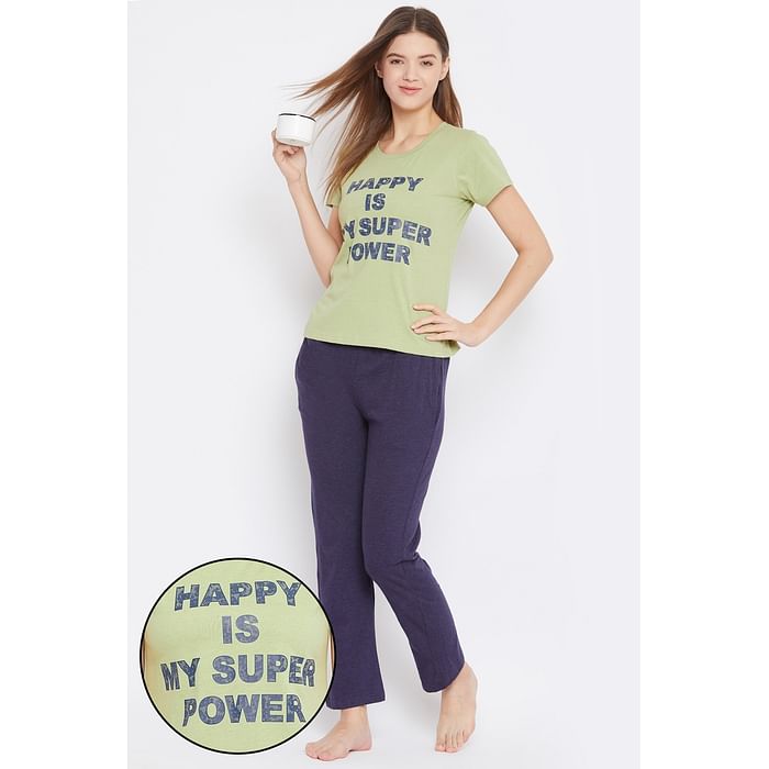 

Clovia Happy is My Superpower Print Top & Solid Pyjama in Moss Green & Navy - Cotton Rich - LSC124J11, Light green