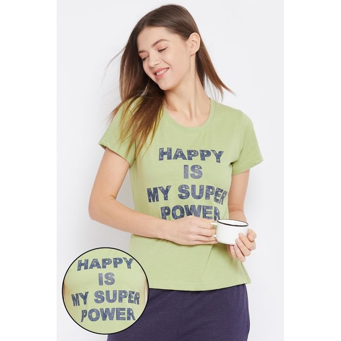 

Clovia Happy is My Superpower Text Print Top in Light Green -100% Cotton - LT0124J11