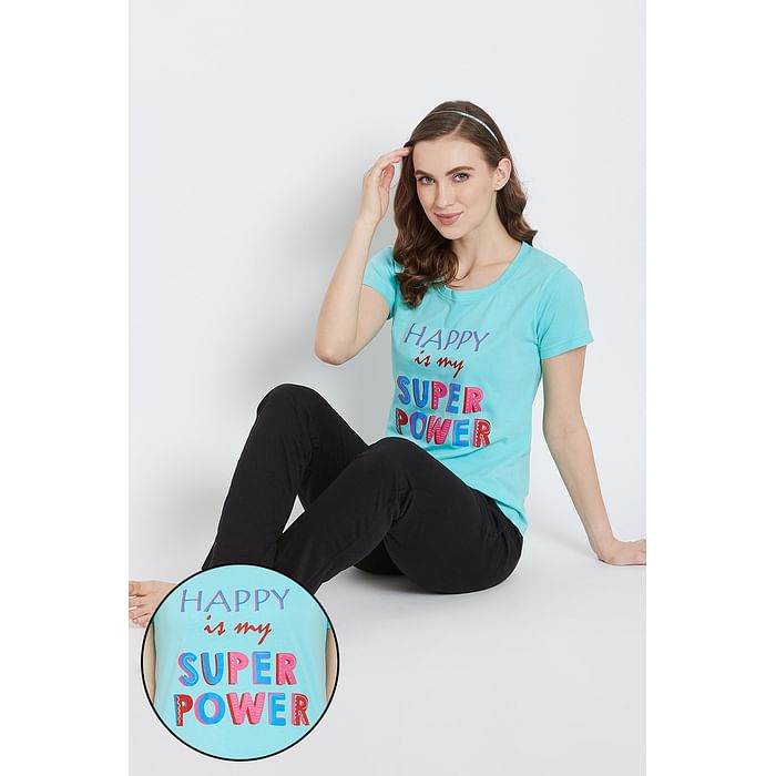 

Clovia Happy Is My Superpower Top & Pyjama in Green & Black- Cotton - LSC124F11, Light green