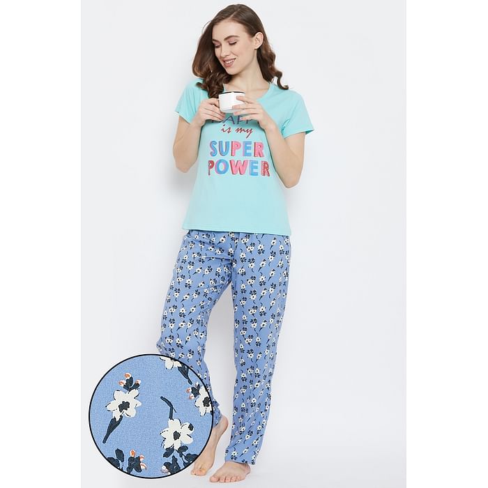 

Clovia Happy Is My Superpower Top & Pyjama in Green & Blue- Cotton - LSC124E11, Light green