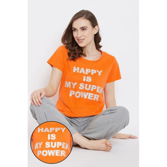 

Clovia Happy Is My Superpower Top & Pyjama in Orange & Grey - 100% Cotton - LSC124K16