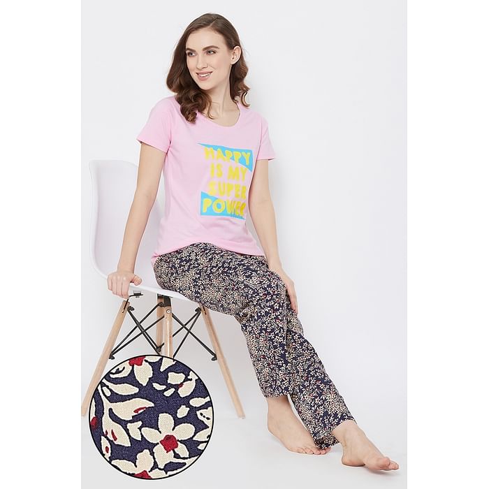 

Clovia Happy Is My Superpower Top & Pyjama in Pink- Cotton - LSC124H22, Light pink