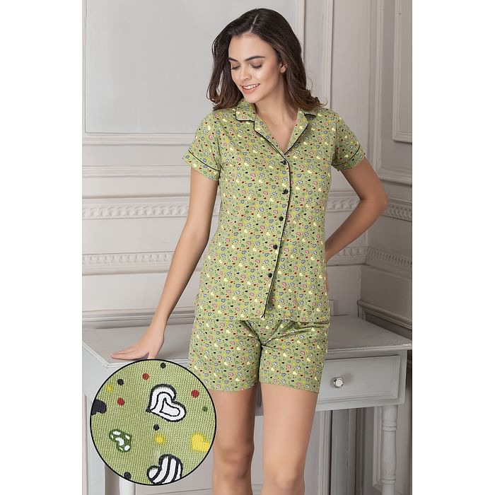 

Clovia Heart Print Button Me Up Shirt & Shorts Set in Green - 100% Cotton - LS0094D11, Light green