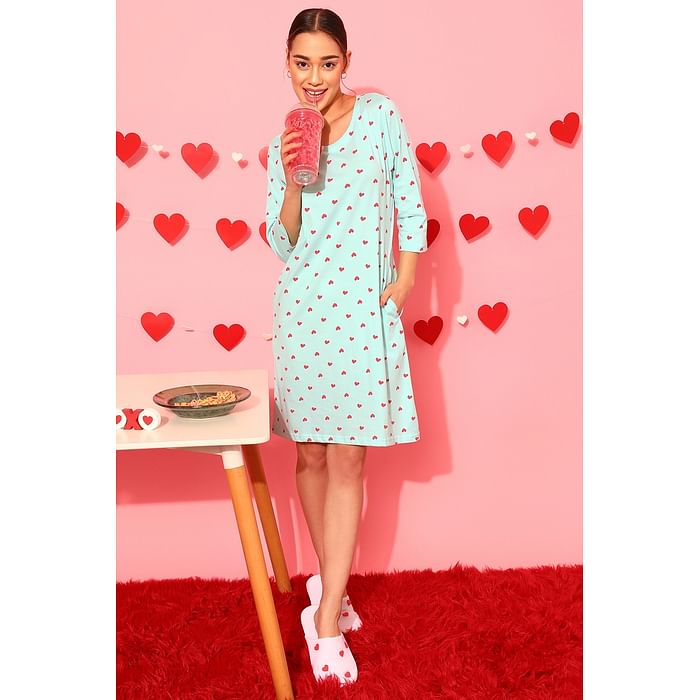 

Clovia Heart Print Short Night Dress in Baby Blue - 100% Cotton - NS1489P03, Light blue