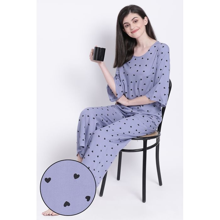

Clovia Heart Print Top & Pyjama in Powder Blue - Rayon - LS0543P01, Light grey