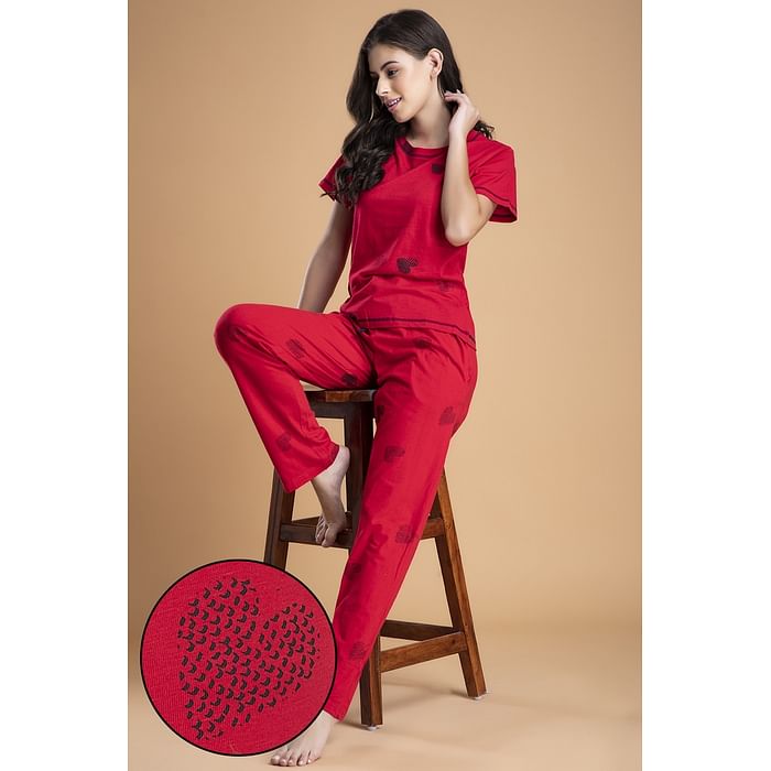 

Clovia Heart Print Top & Pyjama in Red - 100% Cotton - LS0558P14, Pink