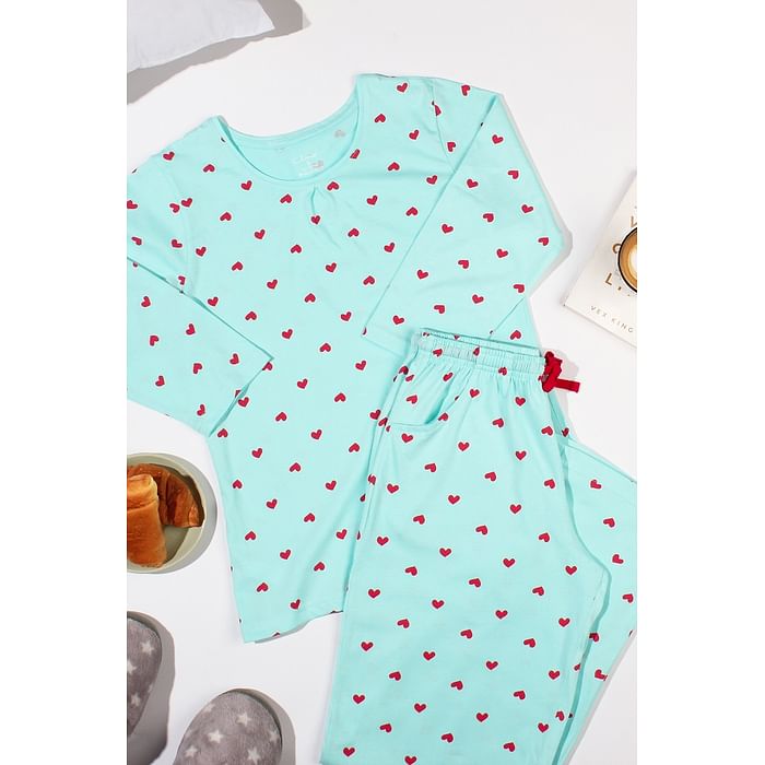 

Clovia Heart Print Top & Pyjama Set in Baby Blue - 100% Cotton - LS0680P03, Light blue
