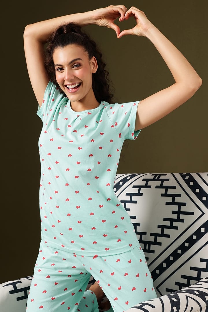Heart Print Top Pyjama Set in Baby Blue 100% Cotton