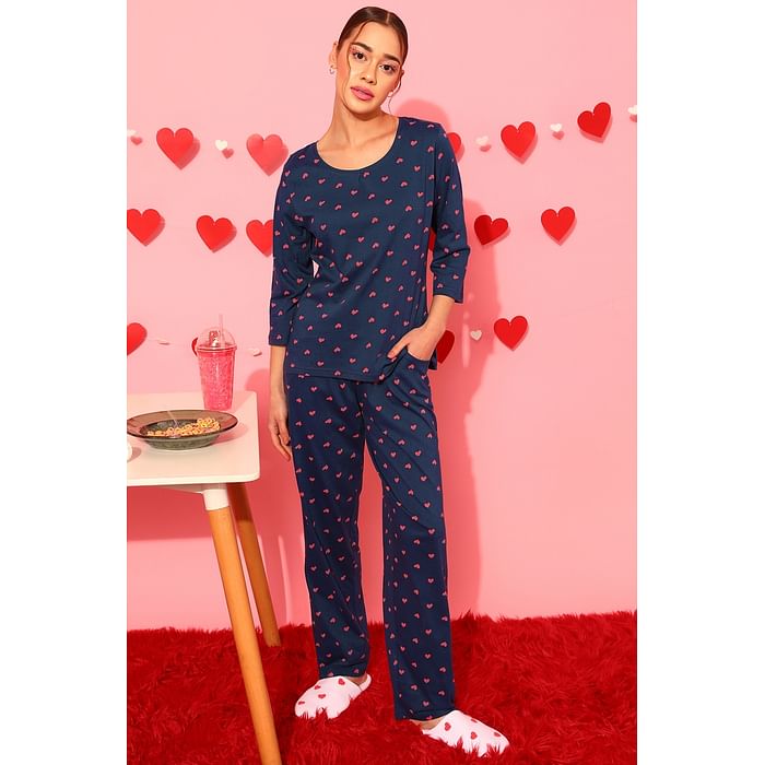 

Clovia Heart Print Top & Pyjama Set in Navy - 100% Cotton - LS0680P08