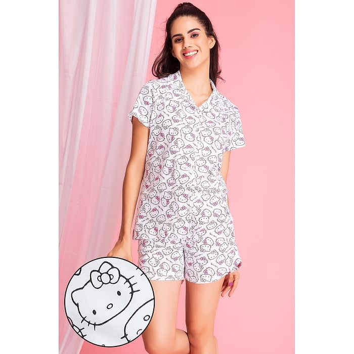 

Clovia Hello Kitty Button Down Shirt & Shorts Set in White - 100% Cotton - LS0094F18