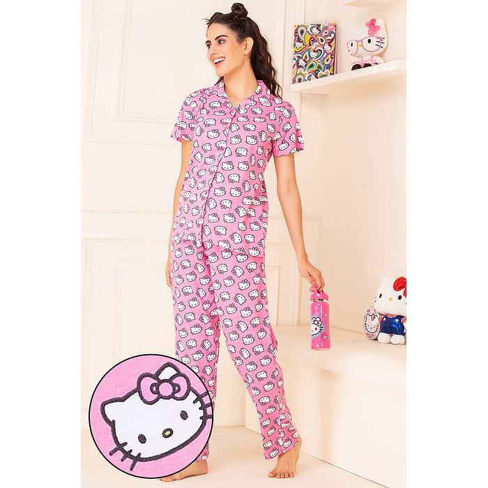 

Clovia Hello Kitty Graphic Print Button Down Shirt & Pyjama Set in Pink - 100% Cotton - LS0025S22, Light pink