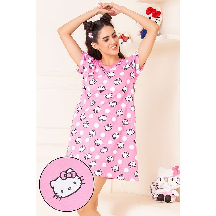 

Clovia Hello Kitty Graphic Print Short Night Dress in Light Pink - 100% Cotton - NS1209E22