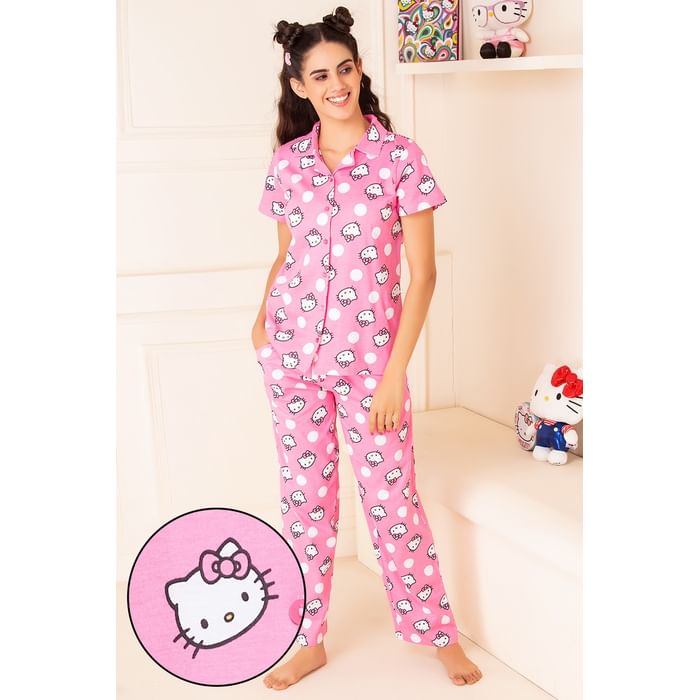 

Clovia Hello Kitty Print Button Me Up Shirt & Pyjama Set in Light Pink - 100% Cotton - LS0025N22
