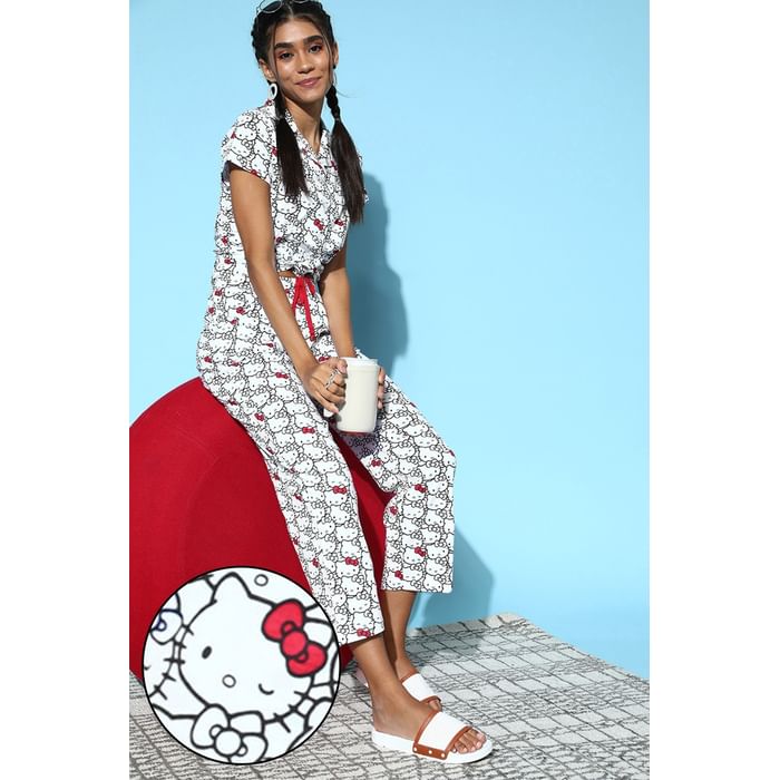 

Clovia Hello Kitty Print Button Down Shirt & Pyjama Set in White - 100% Cotton - LS0025D18
