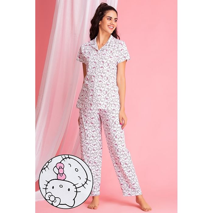 

Clovia Hello Kitty Print Button Down Shirt & Pyjama Set in White - 100% Cotton - LS0025A18