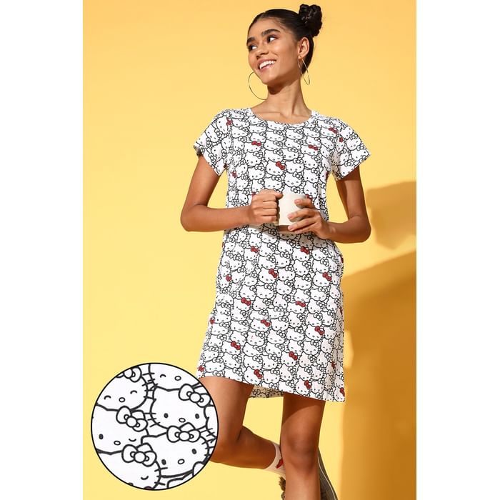

Clovia Hello Kitty Print Short Night Dress in White - 100% Cotton - NS1209A18