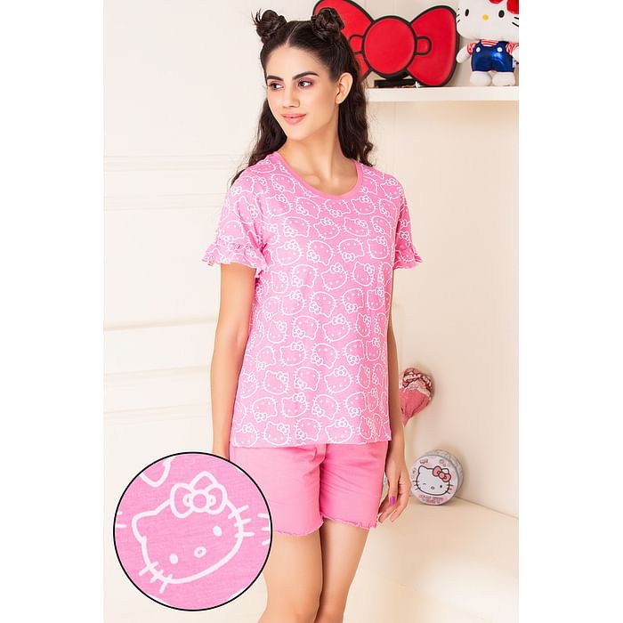 

Clovia Hello Kitty Print Top & Solid Shorts Set in Pink - 100% Cotton - LS0410J22, Light pink