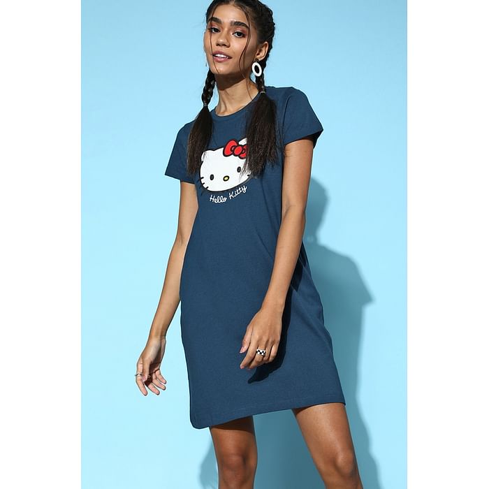 

Clovia Hello Kitty Text & Graphic Print Short Night Dress in Royal Blue - 100% Cotton - NS1209G08, Navy