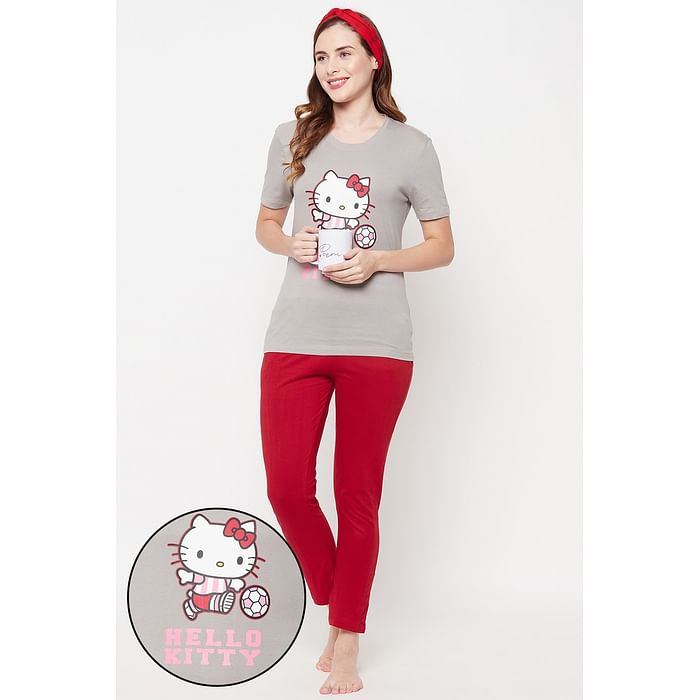 

Clovia Hello Kitty Text & Graphic Print Sleep T-shirt in Light Grey & Chic Basic Pyjama in Maroon - 100% Cotton - LSC001D01