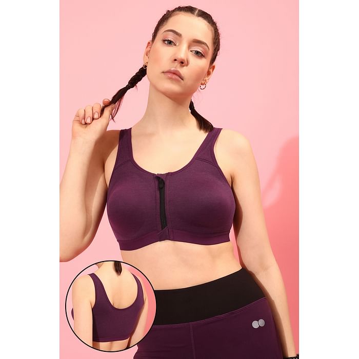 

Clovia High Impact Lightly Padded Spacer Cup Active Sports Bra in Wine Colour with Front Zipper - Cotton - BRS021P09, Maroon