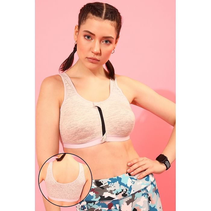 

Clovia High Impact Non-Padded Spacer Cup Active Sports Bra in Grey Melange with Front Zipper - Cotton - BRS021P01, Light grey