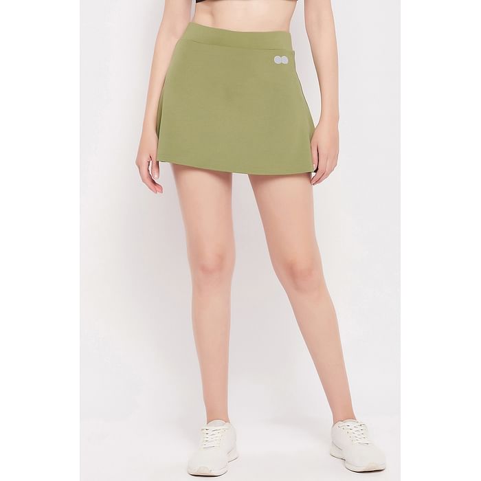 

Clovia High-Rise Active Skirt in Olive Green with Attached Shorts - AB0118P11, Light green