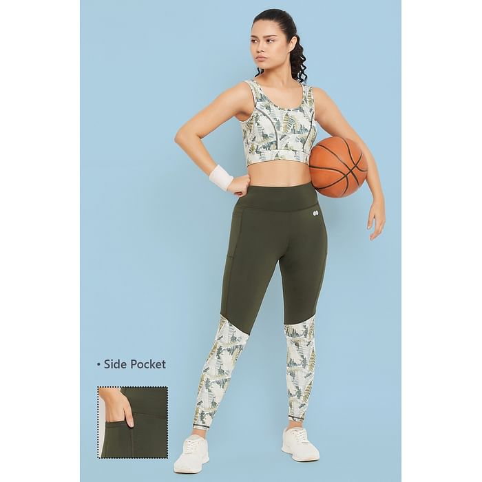 

Clovia High Rise Active Tights in Olive Green with Side Pocket & Printed Panels - AB0022D17, Dark green