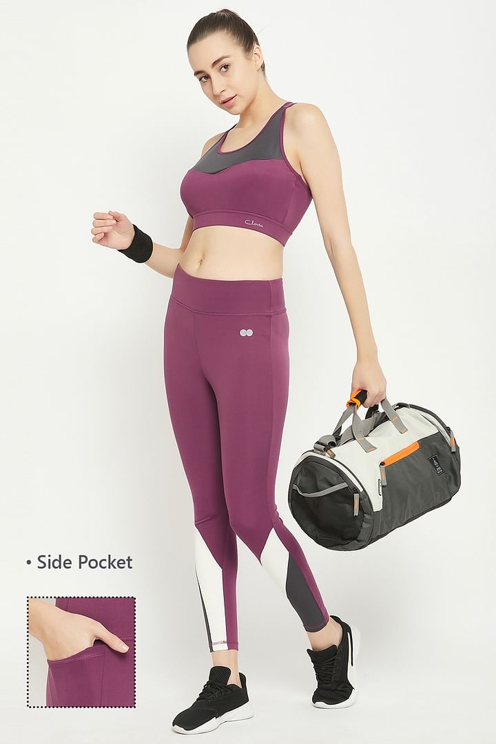 Buy High Rise Active Tights in Plum Colour with Contrast Panels
