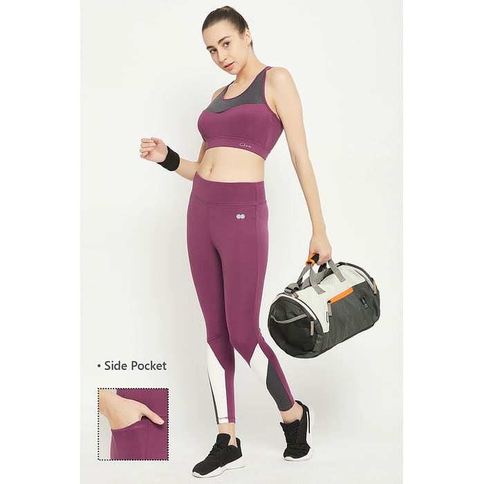 

Clovia High Rise Active Tights in Plum Colour with Contrast Panels & Side Pocket - AB0106P15, Purple