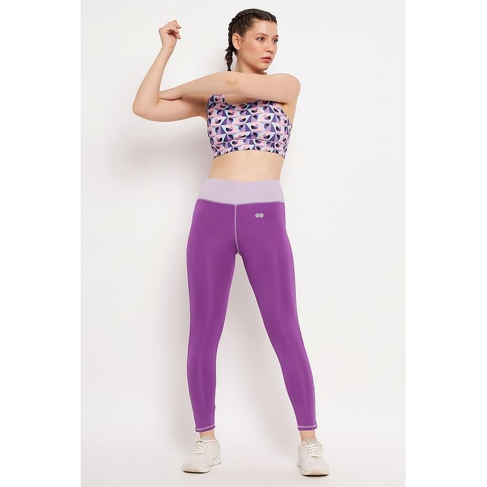 

Clovia High Rise Active Tights in Violet with Coloured Panels - AB0120D15, Purple