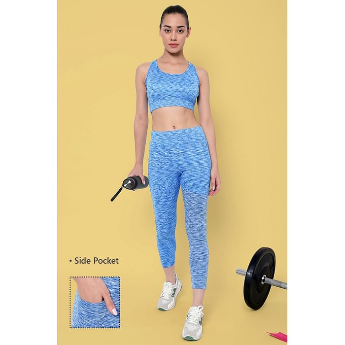 

Clovia High-Rise Ankle Length Active Tights in Baby Blue Melange with Side Pocket - AB0100A03, Light blue