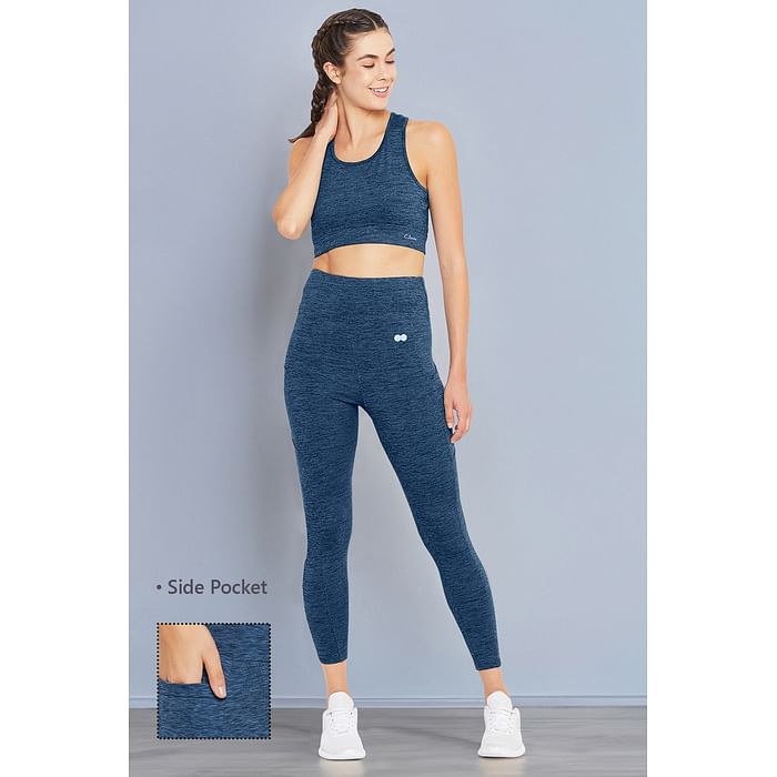 

Clovia High Rise Active Tights in Blue Melange with Side Pocket - AB0100P08, Navy