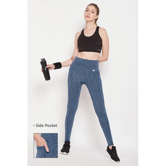 

Clovia High-Rise Ankle Length Active Tights in Blue Melange with Side Pocket - AB0100E08, Navy