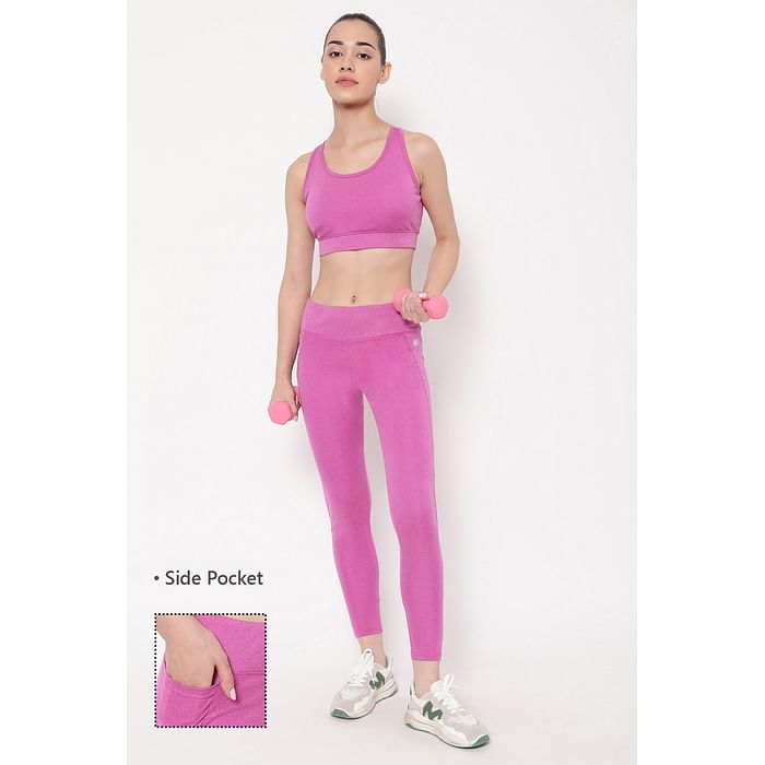 

Clovia High Rise Active Tights in Magenta Melange with Side Pocket - AB0115P14, Pink